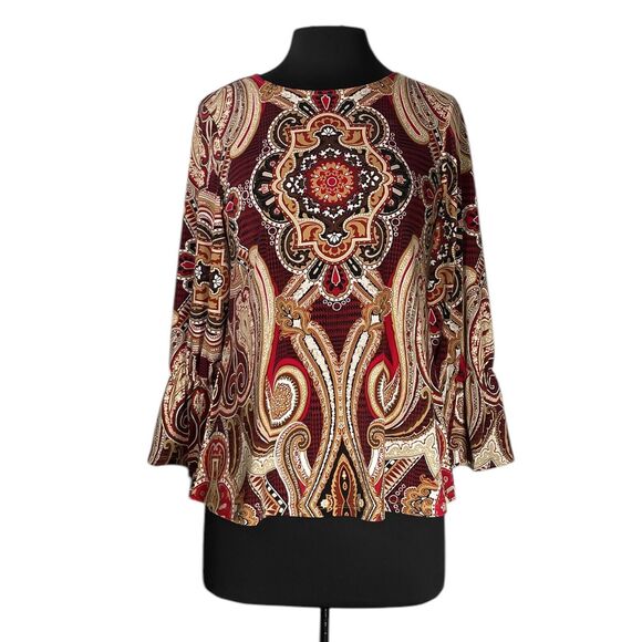 Chico's Women's Blouse Paisley Stretch Boho Retro Artsy Bell Sleeve Top 0 US S/4 - Picture 1 of 8